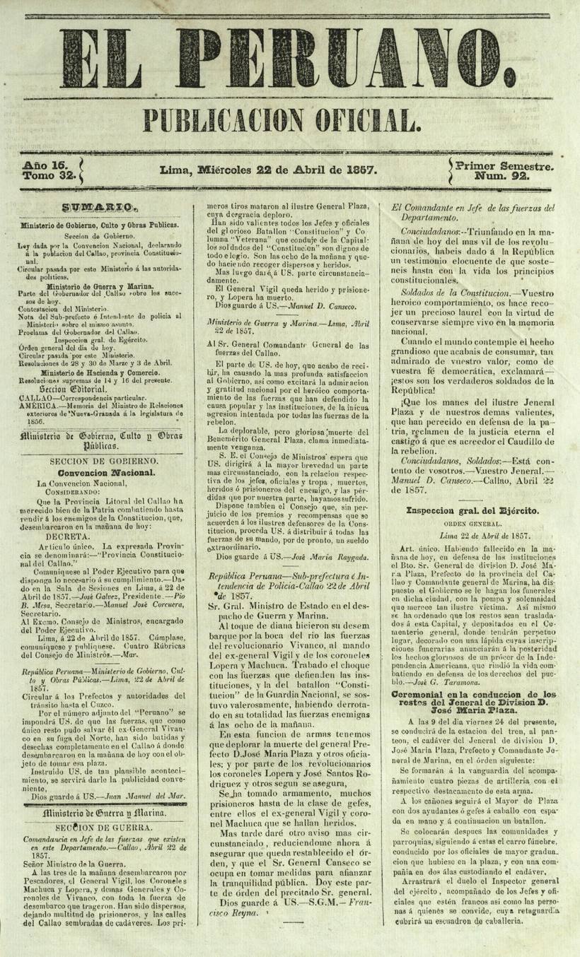 Primera plana del diario oficial El Peruano del 22 de abril de 1857, con la noticia de la muerte del General José María Plaza y la declaratoria del Callao como Provincia Constitucional.